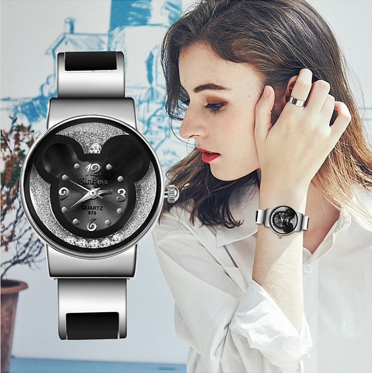 XIRHUA Top Brand Fashion Bangle Watches Women Brand Mickey Mouse Stainless Steel Cartoon Ladies Watch saat relojes mujer montre